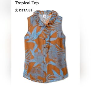 Womens CABI Tropical Top Semi-Sheer Ruffled Buttoned Sleeveless Copper Blue XL